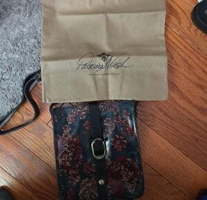 Patricia Nash Black Floral Messenger Crossbody with Burgundy Accents